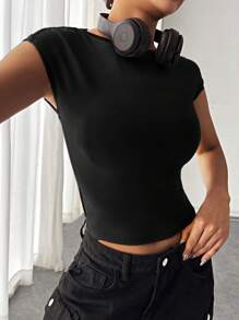 SHEIN EZwear 素色露背蝙蝠袖T恤 - 黑色 - 查看 2