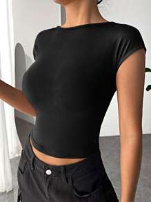 SHEIN EZwear 素色露背蝙蝠袖T恤 - 黑色 - 查看 3