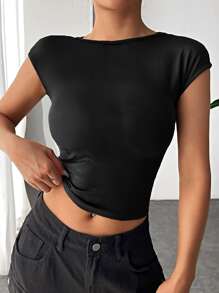 SHEIN EZwear 素色露背蝙蝠袖T恤 - 黑色 - 查看 4