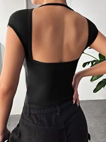 SHEIN EZwear 素色露背蝙蝠袖T恤 - 黑色 - 查看 5