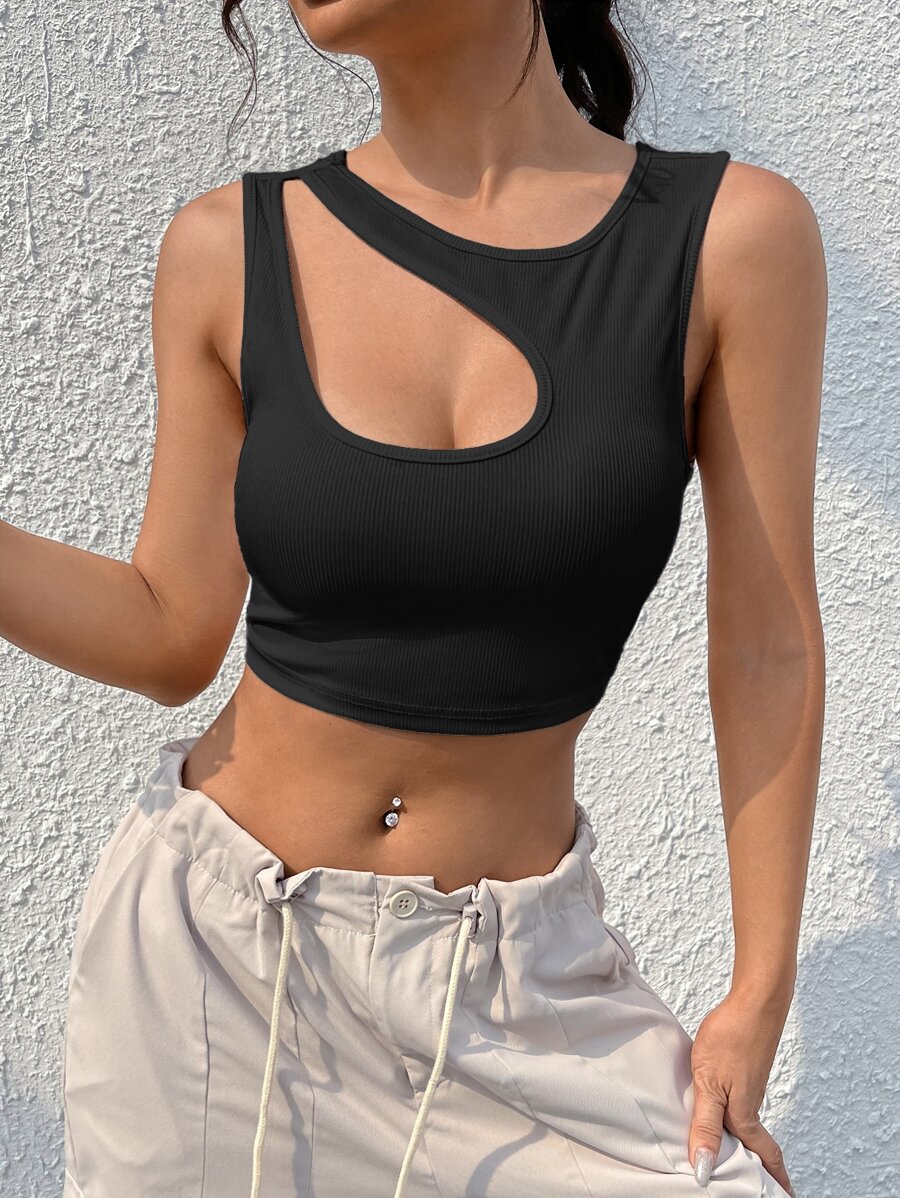 SHEIN EZwear Áo khoác và áo lót dành cho xe tăng nữ Bất đối xứng Cắt ra Gân đan màu trơn Giải trí - màu đen - Xem 1