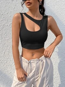 SHEIN EZwear Áo khoác và áo lót dành cho xe tăng nữ Bất đối xứng Cắt ra Gân đan màu trơn Giải trí - màu đen - Xem 6