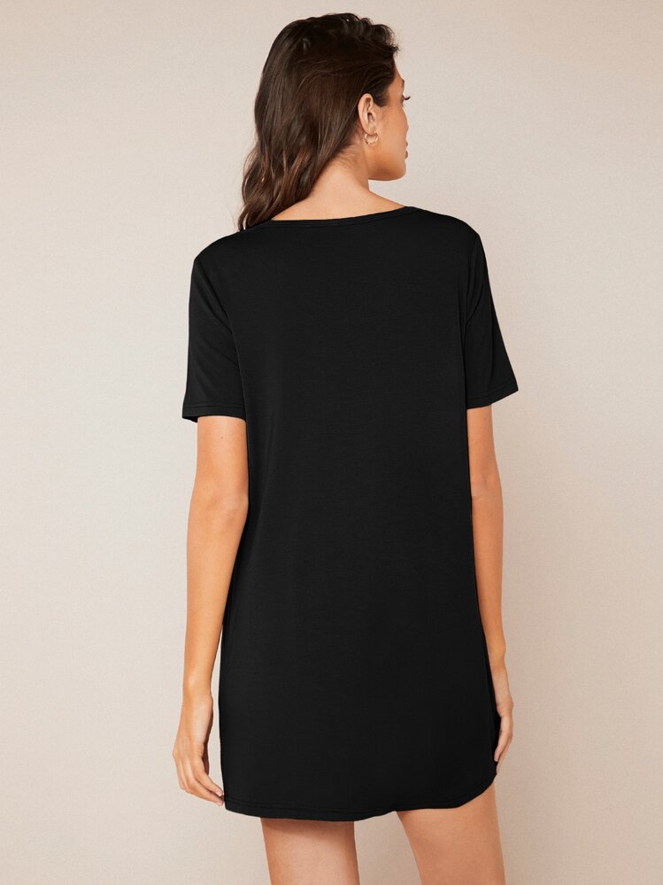 SHEIN BASICS Solid V Neck Tee Dress/Summer - Black - View 2
