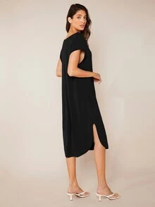 SHEIN BASICS Solid Split Hem Tee Dress - Black - View 3