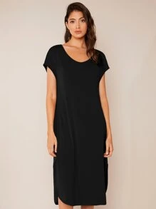 SHEIN BASICS Solid Split Hem Tee Dress - Black - View 4