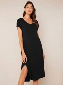 SHEIN BASICS Solid Split Hem Tee Dress - Black - View 5