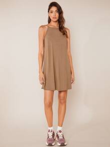 SHEIN BASICS Solid Open Back Cami Dress - Mocha Brown - View 1