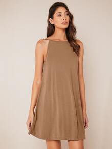 SHEIN BASICS Solid Open Back Cami Dress - Mocha Brown - View 3