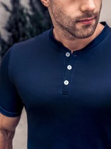 Manfinity Homme 男士漸層前紐扣T恤 - 藏蓝色 - 查看 3