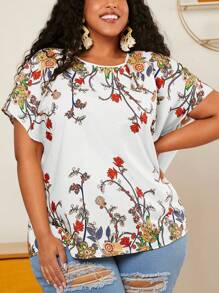 SHEIN CURVE+ Plus Floral Print Batwing Sleeve Blouse - White - View 1