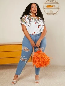 SHEIN CURVE+ Plus Floral Print Batwing Sleeve Blouse - White - View 4