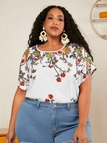SHEIN CURVE+ Plus Floral Print Batwing Sleeve Blouse - White - View 5