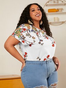SHEIN CURVE+ Plus Floral Print Batwing Sleeve Blouse - White - View 6