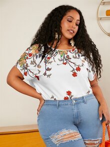 SHEIN CURVE+ Plus Floral Print Batwing Sleeve Blouse - White - View 8