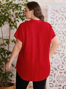 SHEIN LUNE Plus Notched Neck Batwing Sleeve Blouse - Red - View 2