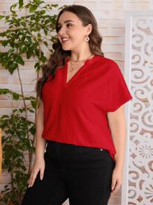 SHEIN LUNE Plus Notched Neck Batwing Sleeve Blouse - Red - View 4