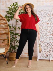 SHEIN LUNE Plus Notched Neck Batwing Sleeve Blouse - Red - View 6