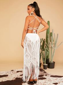 Travachic Cut Out O-ring Detail Fringe Hem Lace Dress - White - View 2