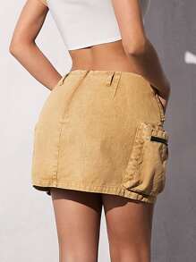 SHEIN ICON Gorpcore Flap Pocket Side Cargo Skirt - Khaki - View 2
