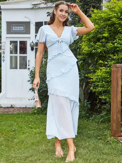 Eilly Bazar Tie Front Ruffle Trim Swiss Dot Dress