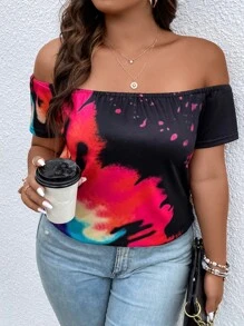 SHEIN LUNE 大碼紮染一字肩T恤 - 彩色 - 查看 1