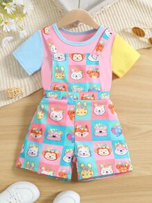 SHEIN Toddler Girls Colourblock Tee & Cartoon Graphic Overall Romper - Multicolor - View 1