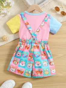 SHEIN Toddler Girls Colourblock Tee & Cartoon Graphic Overall Romper - Multicolor - View 2