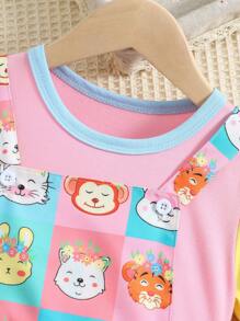 SHEIN Toddler Girls Colourblock Tee & Cartoon Graphic Overall Romper - Multicolor - View 3