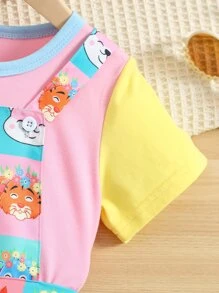 SHEIN Toddler Girls Colourblock Tee & Cartoon Graphic Overall Romper - Multicolor - View 4