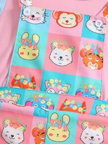 SHEIN Toddler Girls Colourblock Tee & Cartoon Graphic Overall Romper - Multicolor - View 5