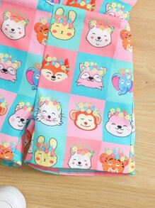 SHEIN Toddler Girls Colourblock Tee & Cartoon Graphic Overall Romper - Multicolor - View 6