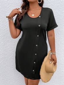SHEIN LUNE Đầm Plus Size Nút phía trước màu trơn Giải trí - màu đen - Xem 4