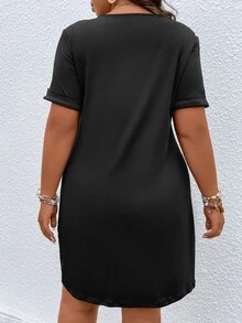 SHEIN LUNE Đầm Plus Size Nút phía trước màu trơn Giải trí - màu đen - Xem 2
