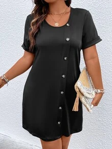 SHEIN LUNE Đầm Plus Size Nút phía trước màu trơn Giải trí - màu đen - Xem 3