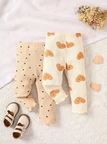 Baby 2pcs Heart Print Lettuce Trim Trousers - Multicolor - View 1