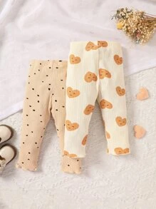 Baby 2pcs Heart Print Lettuce Trim Trousers - Multicolor - View 2