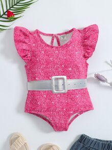 SHEIN Toddler Girls Allover Print Ruffle Trim Keyhole Back Bodysuit - Hot Pink - View 3