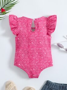 SHEIN Toddler Girls Allover Print Ruffle Trim Keyhole Back Bodysuit - Hot Pink - View 2