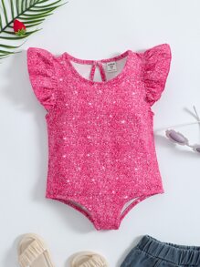 SHEIN Toddler Girls Allover Print Ruffle Trim Keyhole Back Bodysuit - Hot Pink - View 1