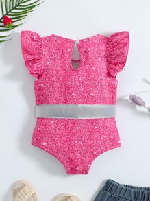 SHEIN Toddler Girls Allover Print Ruffle Trim Keyhole Back Bodysuit - Hot Pink - View 7