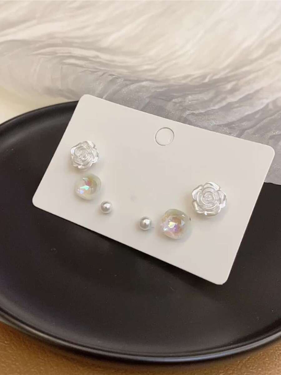3對花和人造珍珠裝飾耳環 - 白色 - 查看 1