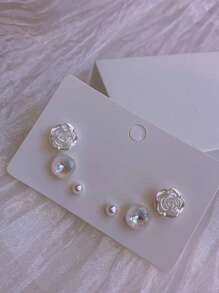 3對花和人造珍珠裝飾耳環 - 白色 - 查看 2
