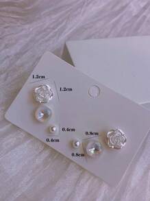 3對花和人造珍珠裝飾耳環 - 白色 - 查看 3