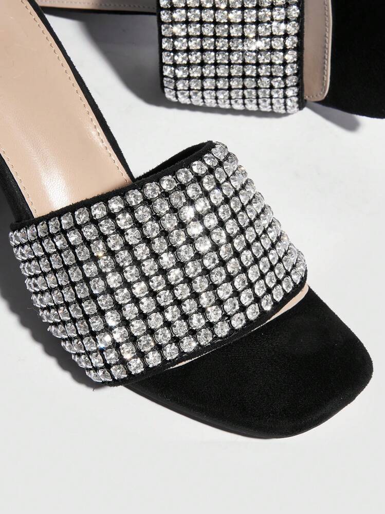 CUCCOO SZL Giày nữ Mule quyến rũ màu đen đính đá Rhinestone trang trí Giày cao gót đế thô cho mùa hè Giày cao gót tốt nghiệp Giày cao gót dự tiệc Giày đi nghỉ Giảm giá mùa hè Giáng sinh Mùa thu Năm mới Ngày lễ - màu đen - Xem 3