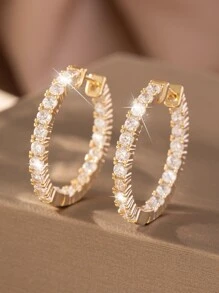 Cubic Zirconia Decor Hoop Earrings - Gold - View 1