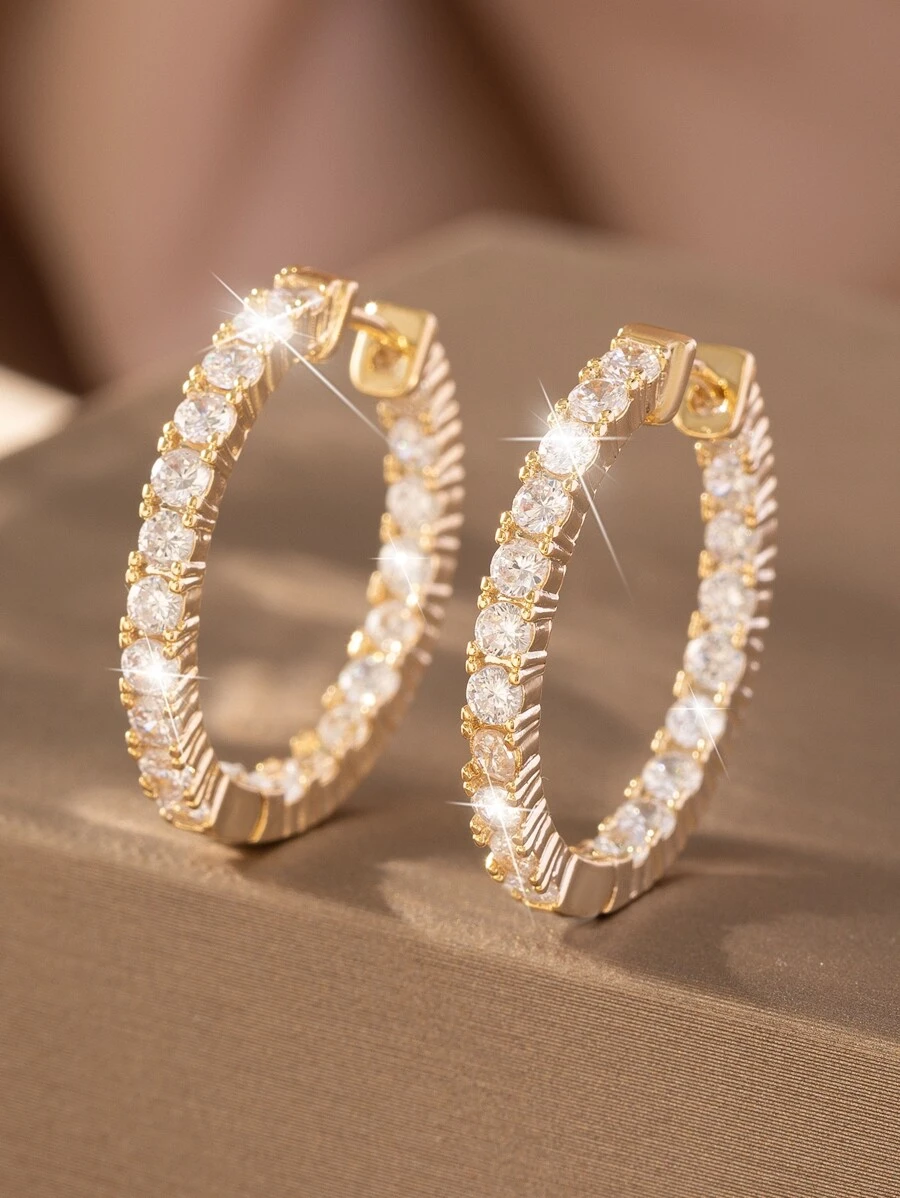 Cubic Zirconia Decor Hoop Earrings - Gold - View 1