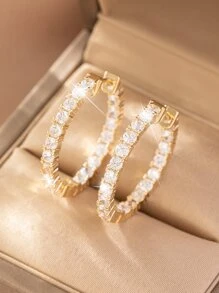 Cubic Zirconia Decor Hoop Earrings - Gold - View 5