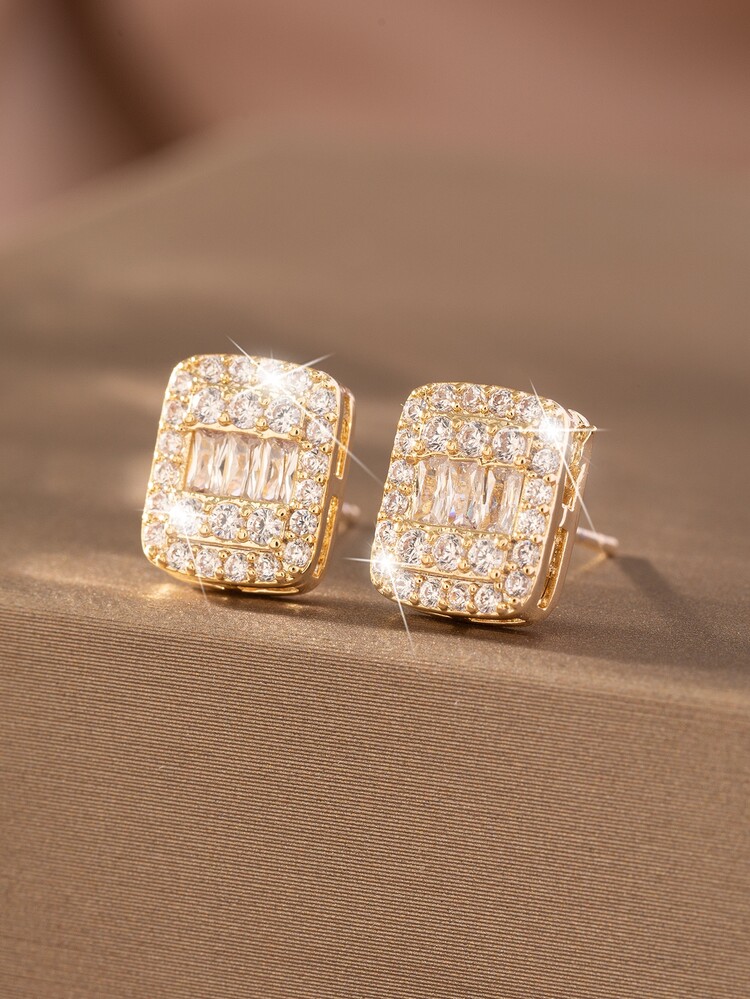 方晶鋯石裝飾耳釘 - 金黃色 - 查看 1