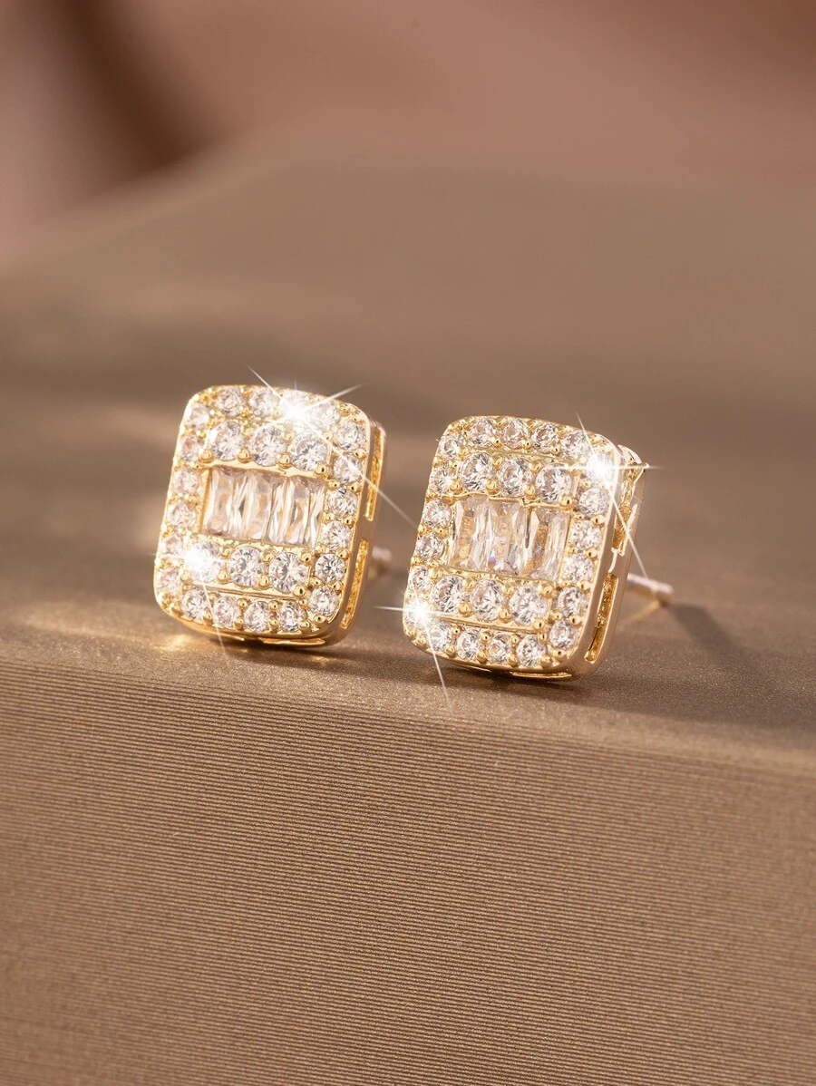 Bông tai trang trí bằng đá khối Zirconia - Vàng - Xem 1