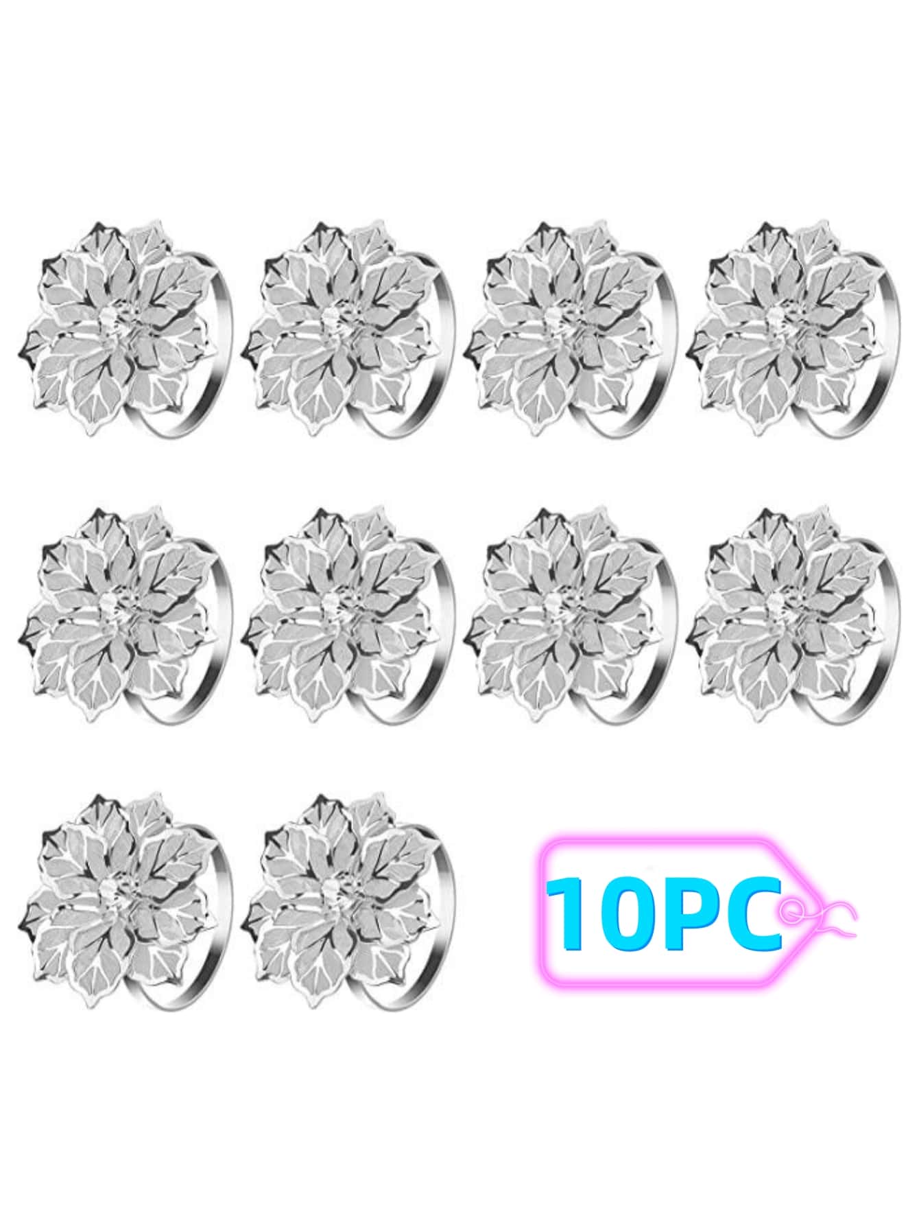 10pcs Flower Decor Napkin Ring - Silver - View 1
